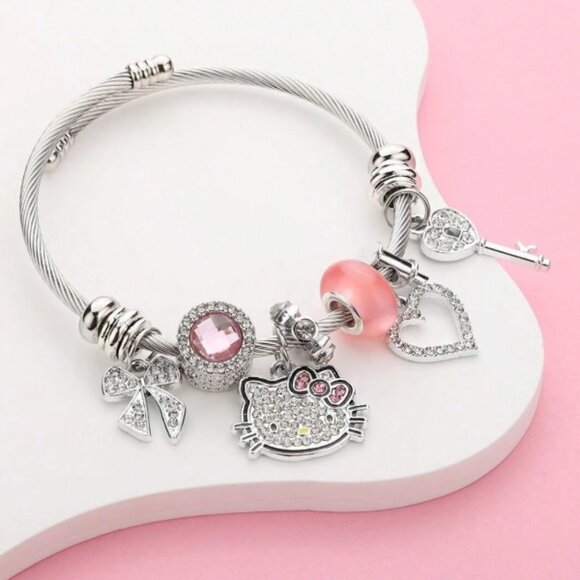 Hello Kitty Jewelry - Stainless Steel Hello Kitty 🐱 Heart/Bowknot/Key/Pink Stone Pendant Open Bangle